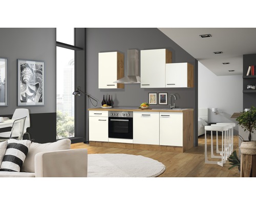 Kuchynský blok so spotrebičmi Flex Well Vintea 220 cm farba čela magnólia matná farba korpusu lancelot oak Kuchynský blok so spotrebičmi Flex Well Vintea 220 cm farba čela magnólia matná farba korpusu lancelot oak