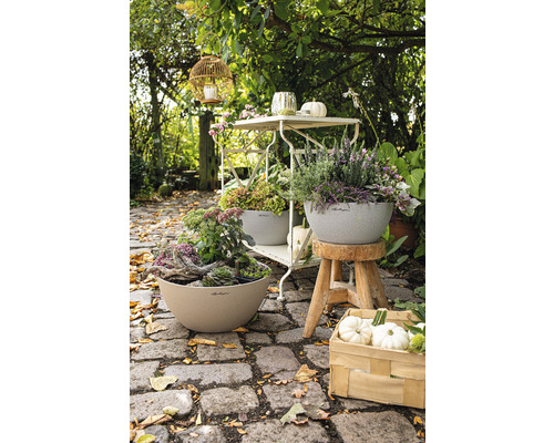 Záhradná scéna s osadenými kvetináčmi, dekoráciami a záhradným nábytkom na dláždenej ceste