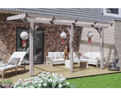 Zastrešenie terasy SKAN HOLZ Rimini 434x350cm dvojstenné dosky 16 mm, transparentné Krytá terasa s drevenou pergolou, záhradným nábytkom a dekoráciou