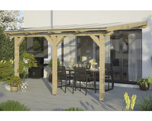 Zastrešenie terasy SKAN HOLZ Andria 434x250 cm, dvojplášťové dosky 16 mm, transparentné Drevená pergola s terasovým nábytkom a grilom v záhrade