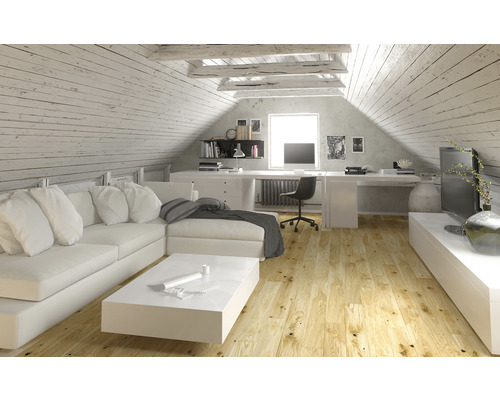 Svetlá podkrovná izba s pohovkou, stolom, písacím stolom a televízorom