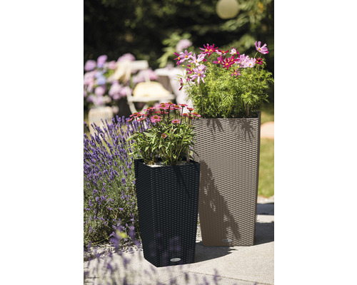 Dva plastové kvetináče s pleteným vzorom v záhrade.