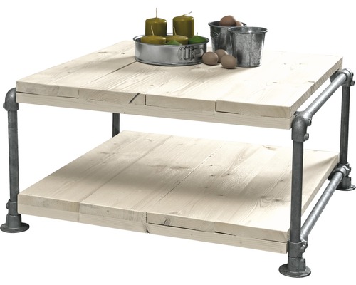 Štvorcový konferenčný stolík s dvoma policami z dreva a kovového rúrkového rámu