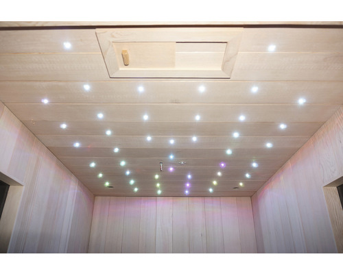 Interiér sauny s dreveným obložením a stropným osvetlením