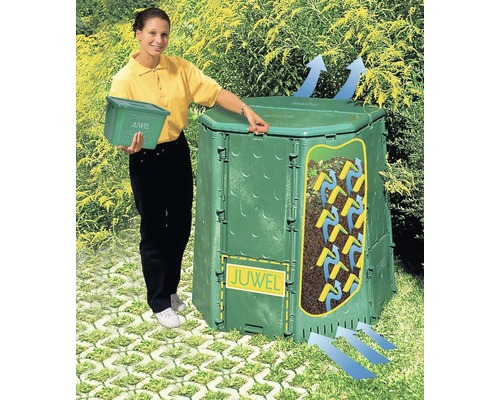 Kompostér v záhrade so ženou a vedrom