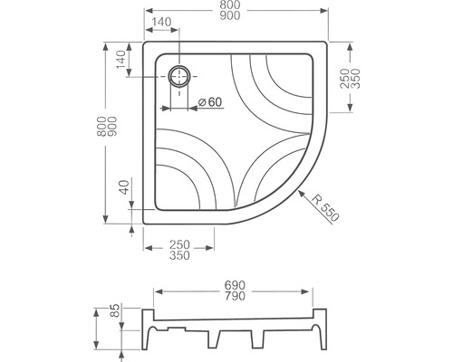Technický nákres sprchovej vaničky s rozmermi