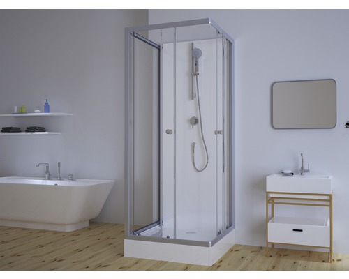 Moderná kúpeľňa so sprchovacím kútom, vaňou, umývadlom a zrkadlom