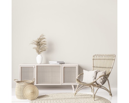 Obývacia izba s komodou, ratanovým kreslom, kobercom a dekoráciami pre svetlé a priateľské prostredie