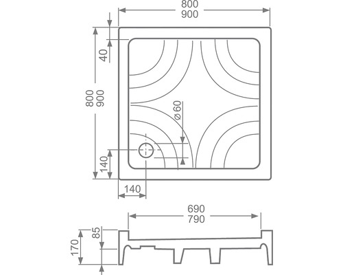 Technický nákres sprchovej vaničky s rozmermi