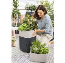 Žena s bylinkovou záhradou na balkóne s kvetináčmi a bylinkami