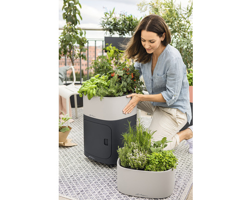 Žena s bylinkovou záhradou na balkóne s kvetináčmi a bylinkami