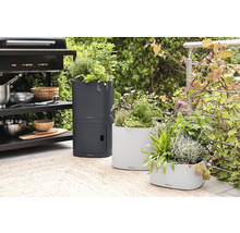 Tri osadené kvetináče na terase vedľa grilu.