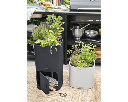 Dva kvetináče s bylinkami na koberci pred vonkajšou kuchyňou.