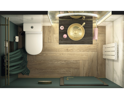 Pohľad zhora na kúpeľňu s toaletou, umývadlom a sprchou