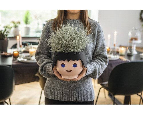 Žena drží kvetináč v tvare štylizovanej hlavy s rastlinou