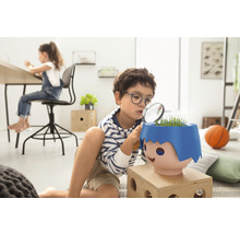 Chlapec si prezerá rastlinu v kvetináči lupou v detskej izbe.