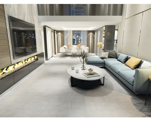 Svetlá a moderná obývacia scéna s rohovou sedačkou, konferenčným stolíkom a krbom