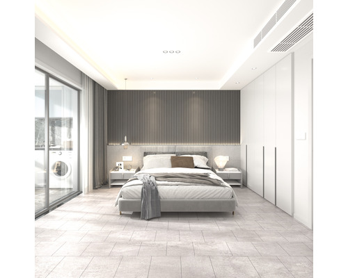 Vinylová podlaha lepená béžová Dry Back dielce Brosa 60 x 60 cm balenie 12 ks Svetlá spálňa s manželskou posteľou, nočnými stolíkmi a šatníkovou skriňou