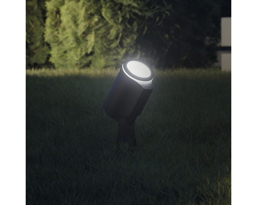 Záhradný reflektor na trávniku osvetlený v záhrade