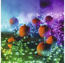 Halloweenska scéna s tekvicami a ozdobným osvetlením vonku.