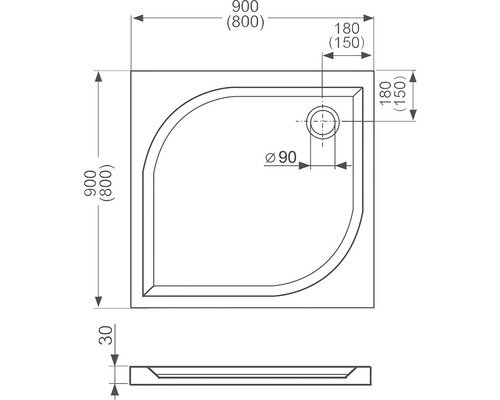 Technický nákres sprchovej vaničky s rozmermi