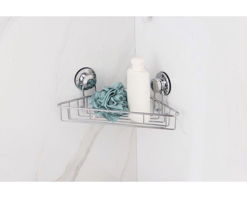 Rohová polica na sprchové doplnky s prísavkami, kúpeľňovou hubkou a fľašou sprchového gélu