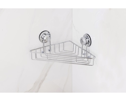 Rohová polica z kovu s prísavkami na ukladanie v kúpeľni