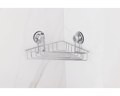 Rohová polica so sacími sponami na upevnenie v kúpeľni