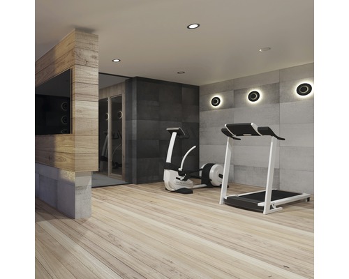 Fitness miestnosť s veslovacím trenažérom, bežeckým pásom a drevenou podlahou