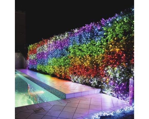 Záhradný živý plot s farebnou svetelnou reťazou vedľa bazéna