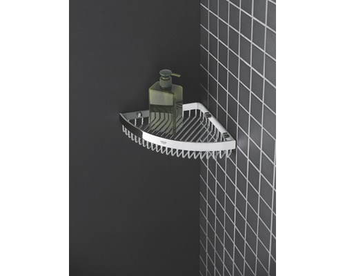 Rohová polica s dávkovačom mydla v kúpeľni