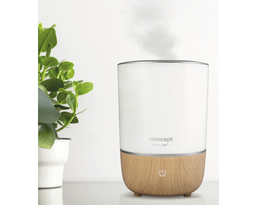 Zvlhčovač vzduchu s dreveným dekorom a rastlinou