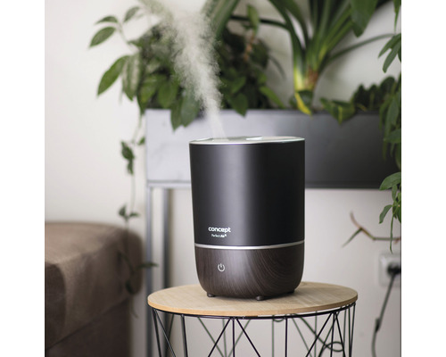 Zvlhčovač vzduchu na stole s rastlinami v pozadí.