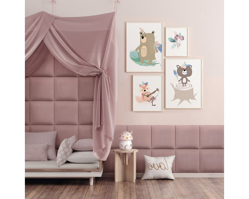 Čalúnený nástenný panel Velvet 30x30 cm staroružová Dizajn detskej izby s motívmi zvierat, baldachýnom a polstrovanou stenou