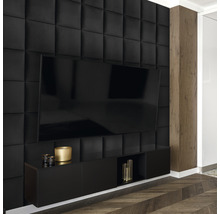 Obývacia izba s čiernymi akustickými stenovými panelmi a televíznym nábytkom