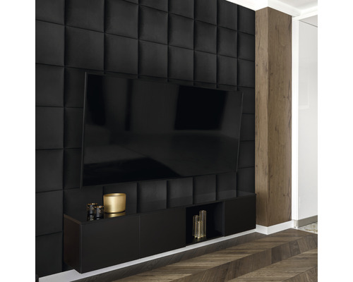 Obývacia izba s čiernymi akustickými stenovými panelmi a televíznym nábytkom