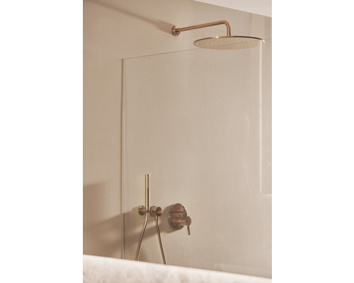 Sprchová hlavica so sprchovým ramenom a armatúrou na sprchovej stene