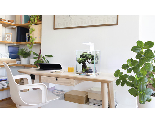 Pracovňa so stolom, stoličkou a akváriom s osvetlením