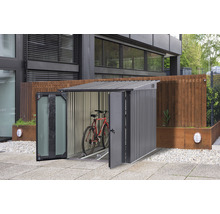 Kovový box na bicykle s otvorenými dverami a bicyklom