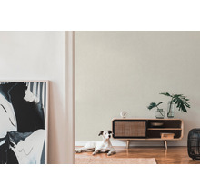 Svetlá izba s tapetou so vzorom, drevenou komodou a psom