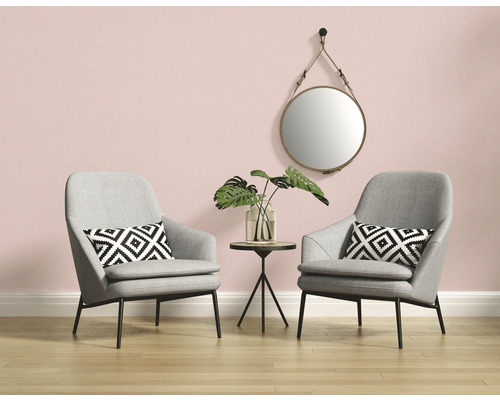 Obývacia izba s dvomi kreslami, malým stolom, izbovou rastlinou a okrúhlym zrkadlom