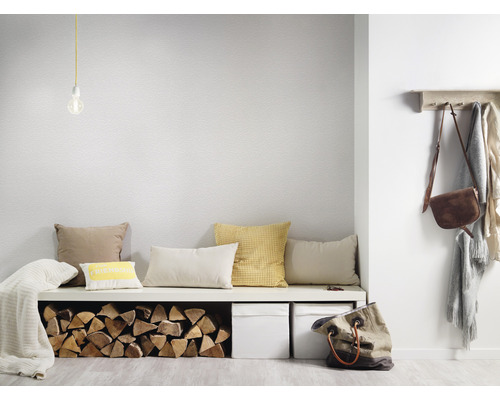 Vstupný priestor s nástennou tapetou, lavicou s vankúšmi a polenami, šatňou a lampou