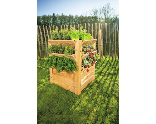 Drevený vyvýšený záhon s bylinkami a jahodami v záhrade