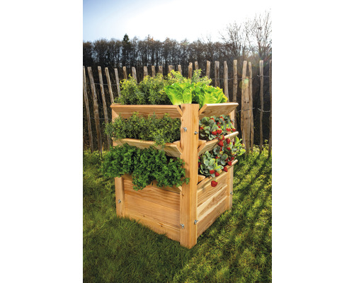 Drevený vyvýšený záhon s bylinkami, šalátom a jahodami v záhrade