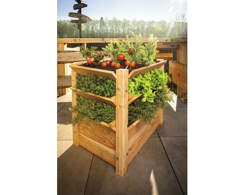 Drevený vyvýšený záhon s bylinkami a paradajkami na terase