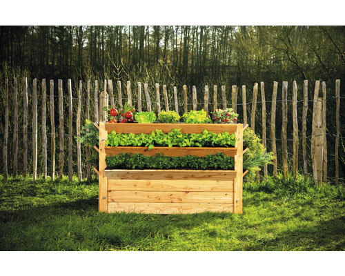 Drevený vyvýšený záhon s tromi úrovňami a rôznou zeleninou v záhrade.