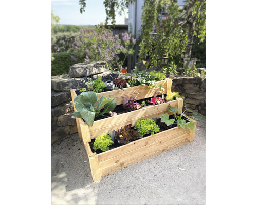 Trojúrovňový drevený vyvýšený záhon s rôznou zeleninou v záhrade.