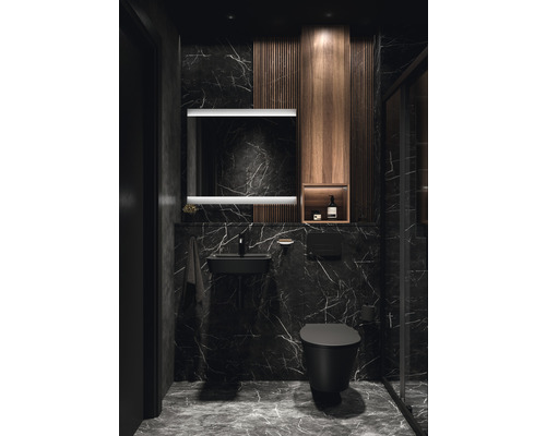 Moderná kúpeľňa s mramorovými stenami, umývadlom, zrkadlom a toaletou