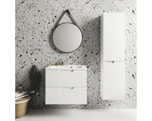 Moderný kúpeľňový set s umývadlovou skrinkou, zrkadlovou skrinkou a okrúhlym zrkadlom