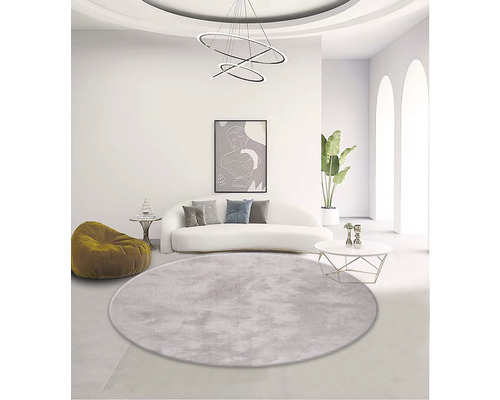 Svetlá obývacia izba s pohovkou, kreslom, konferenčným stolíkom, izbovou rastlinou, lampou a okrúhlym kobercom